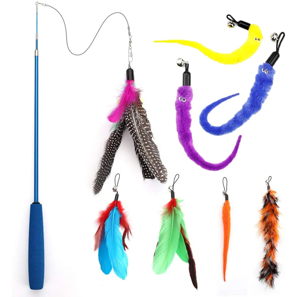 Retractable Feather Bell Teaser Stick Wand - Interactive Toy for Cat Exercise and Entertainment