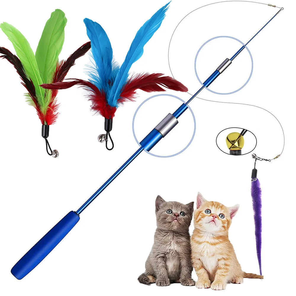 Retractable Feather Bell Teaser Stick Wand - Interactive Toy for Cat Exercise and Entertainment