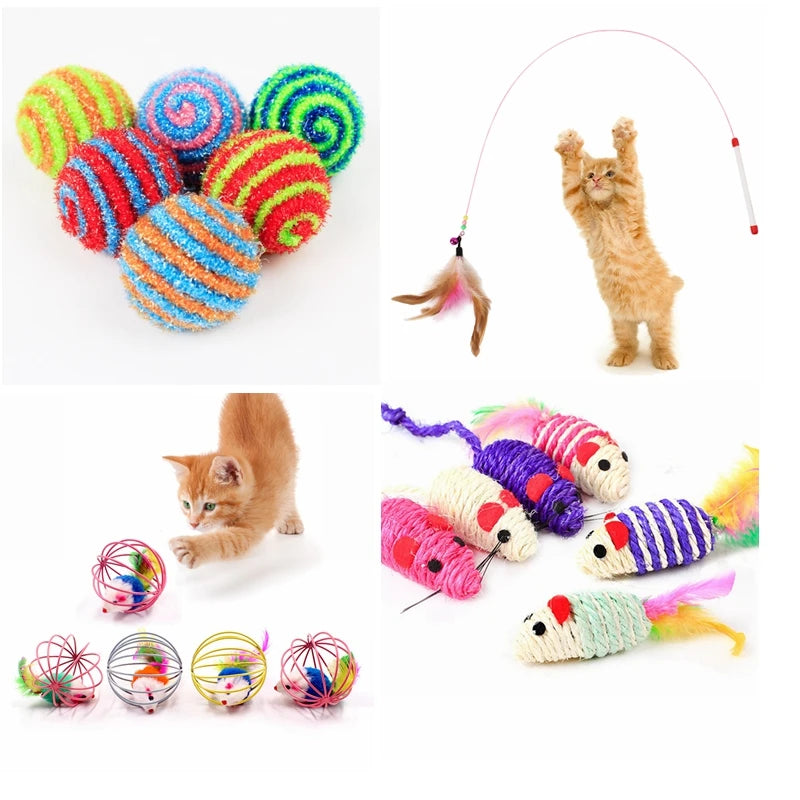 Single Cat Toy Stick with Feather Wand, Bell, and Mouse Cage Attachment