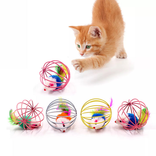 Single Cat Toy Stick with Feather Wand, Bell, and Mouse Cage Attachment