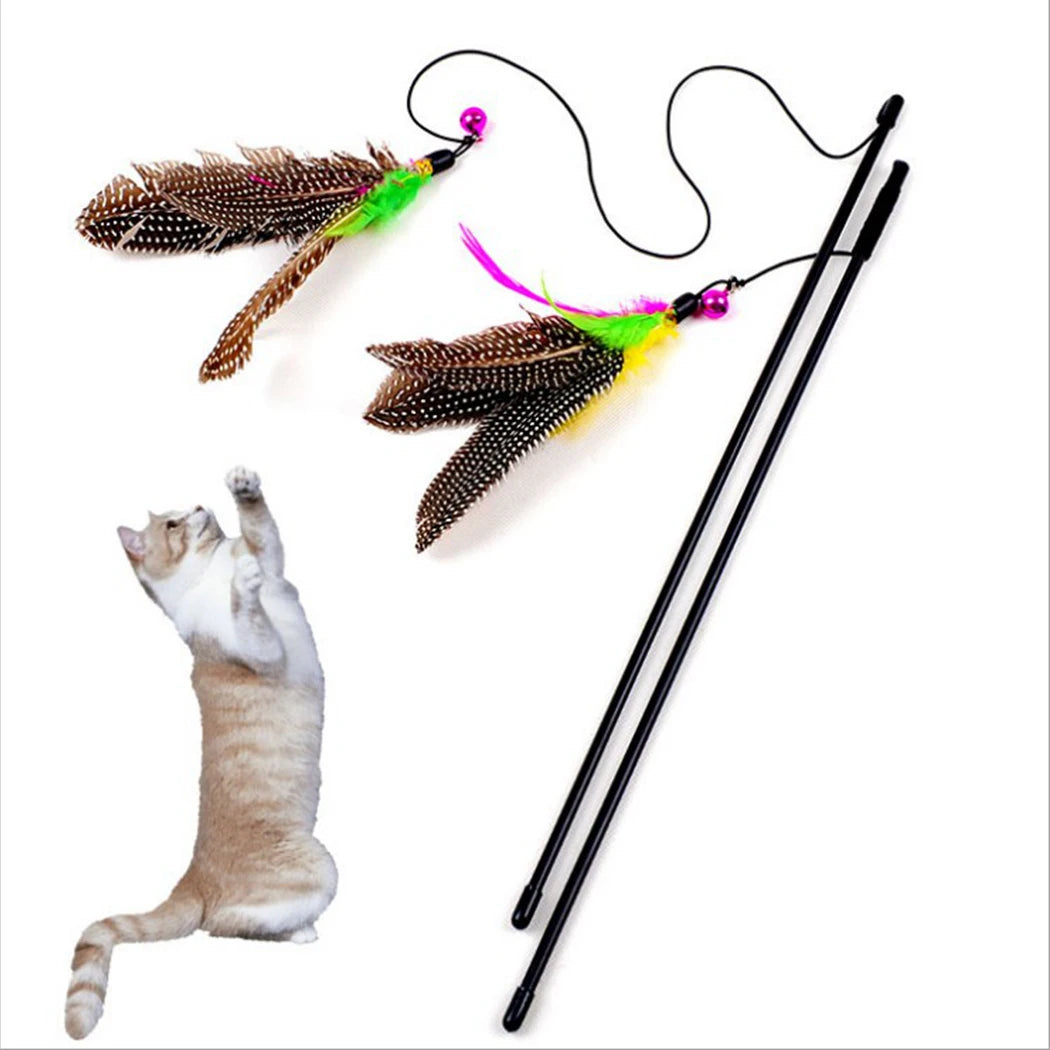 Single Cat Toy Stick with Feather Wand, Bell, and Mouse Cage Attachment