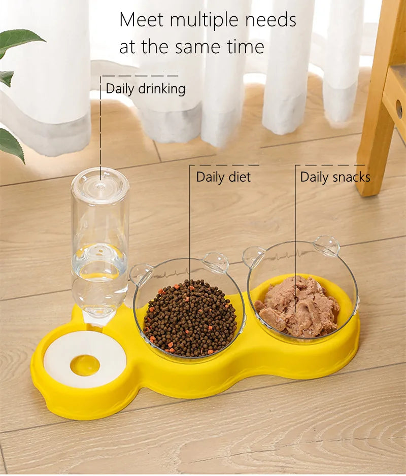 3-in-1 Automatic Pet Feeder: Double Bowl with Water Fountain and Raised Stand