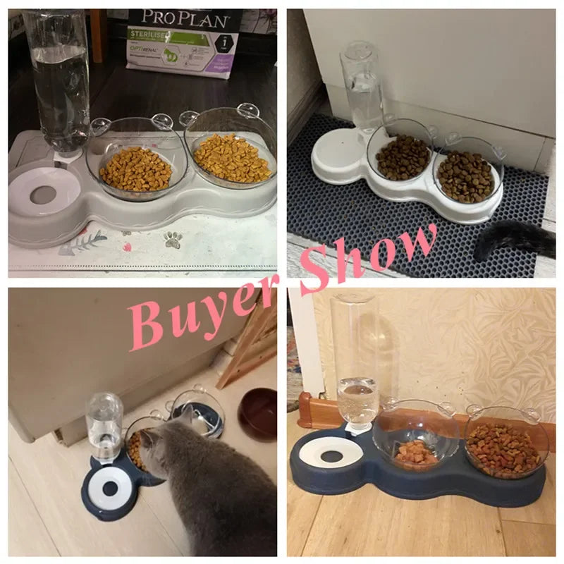 3-in-1 Automatic Pet Feeder: Double Bowl with Water Fountain and Raised Stand