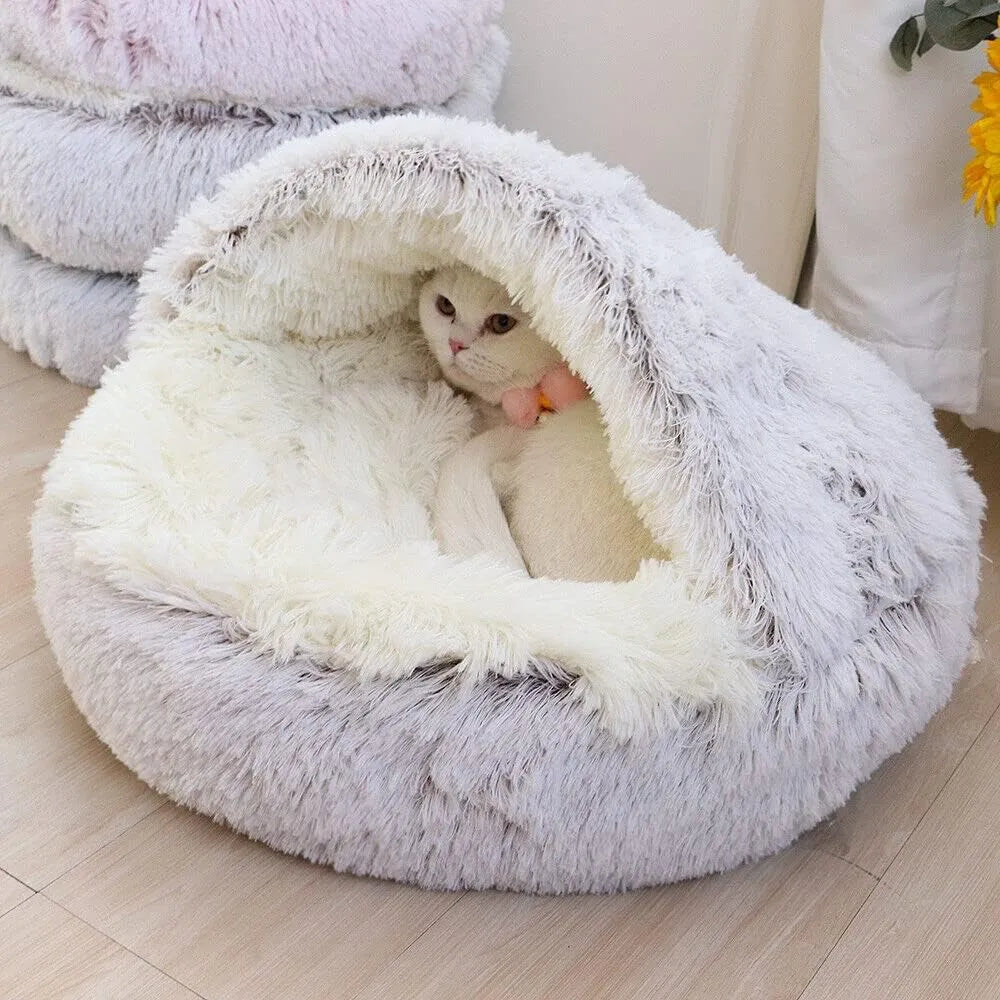 Soft Plush Pet Bed with Cover - Round Cat Bed