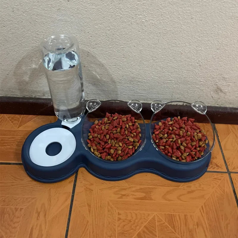 3-in-1 Automatic Pet Feeder: Double Bowl with Water Fountain and Raised Stand